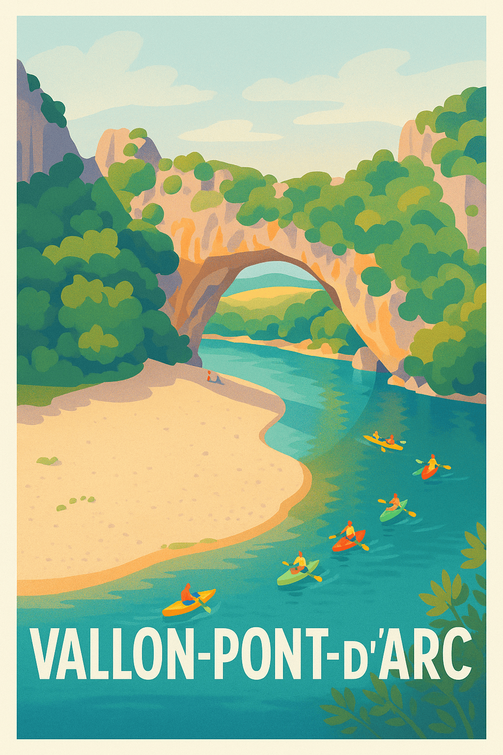 Ardèche France Pas de Cadre / 20 × 30cm Affiche de Vallon-Pont-d'Arc - Escapade nature et aventure en canoe
