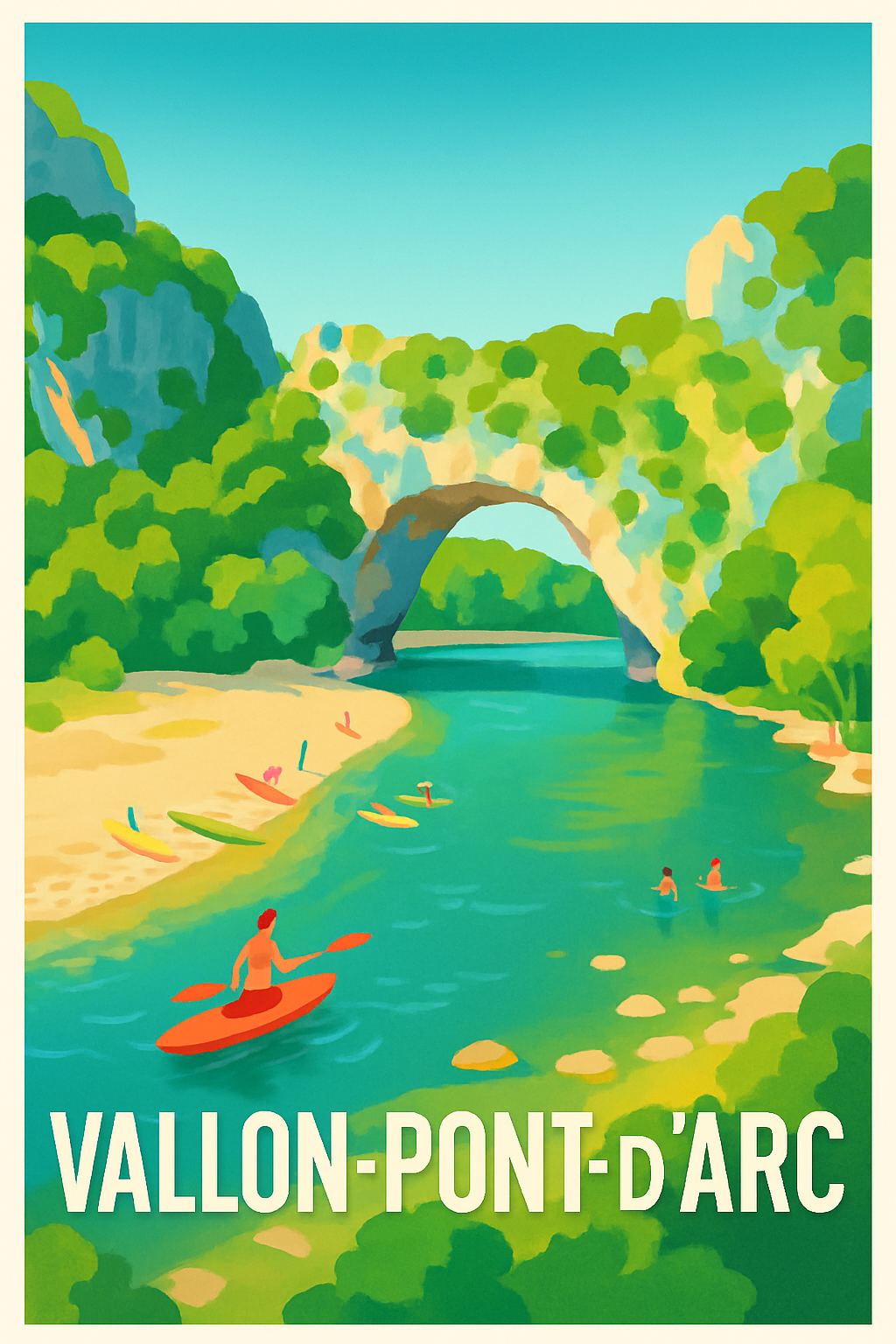 Affiche Vallon-Pont-d'Arc — Escapade nature et détente au cœur des gorges · poster d'art de Vallon-Pont-d'Arc