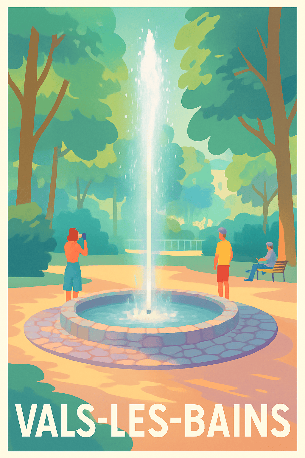 Ardèche France Pas de Cadre / 20 × 30cm Affiche de Vals-les-Bains - Évasion nature et détente au cœur de la fontaine