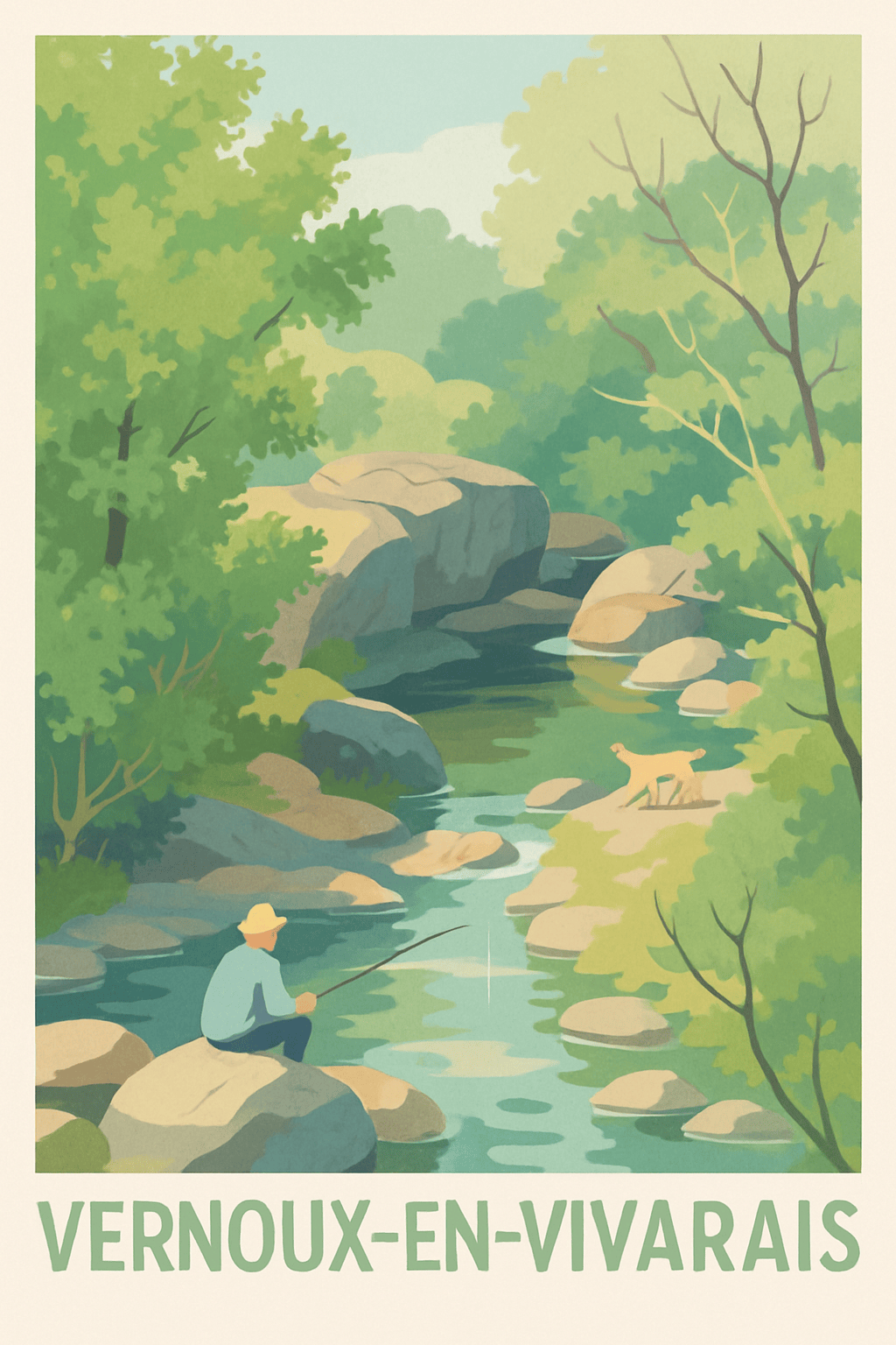 Affiche Vernoux-en-Vivarais — Sérénité au fil de l'eau · poster d'art de Vernoux-en-Vivarais