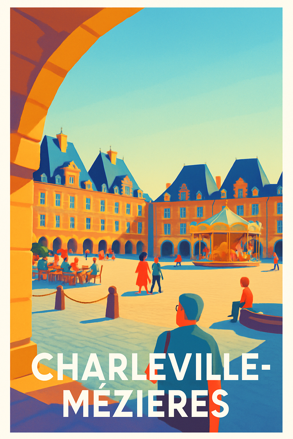 Ardennes France Pas de Cadre / 20 × 30cm Affiche de Charleville-Mézières - Scène de vie animée en plein cœur de la place