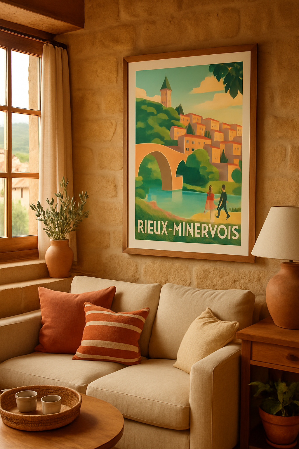 Affiche Rieux-Minervois — Charme bucolique au bord de l'eau · poster d'art de Rieux-Minervois