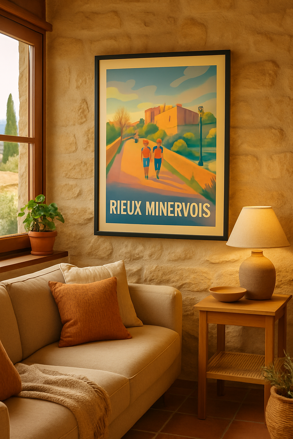 Affiche Rieux-Minervois — Promenade ensoleillée au cœur de la cité · poster d'art de Rieux-Minervois
