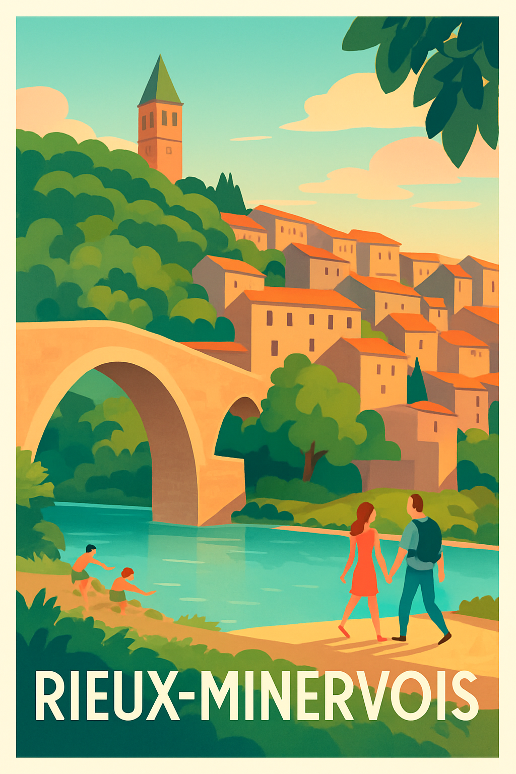 Affiche Rieux-Minervois — Charme bucolique au bord de l'eau · poster d'art de Rieux-Minervois