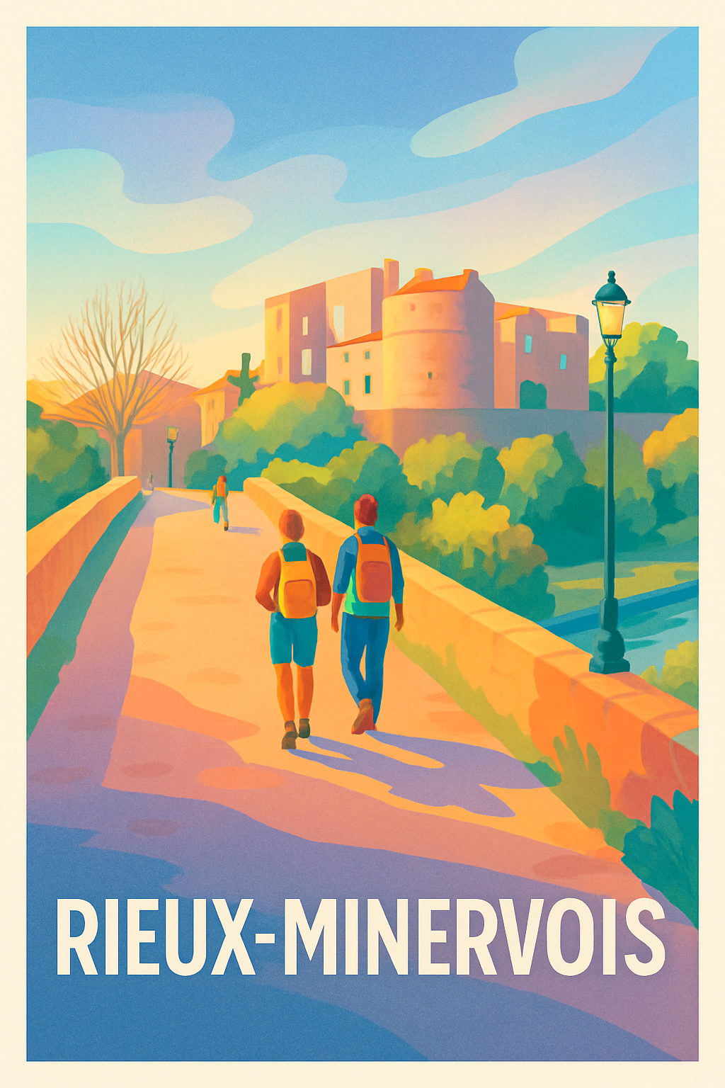 Affiche Rieux-Minervois — Promenade ensoleillée au cœur de la cité · poster d'art de Rieux-Minervois
