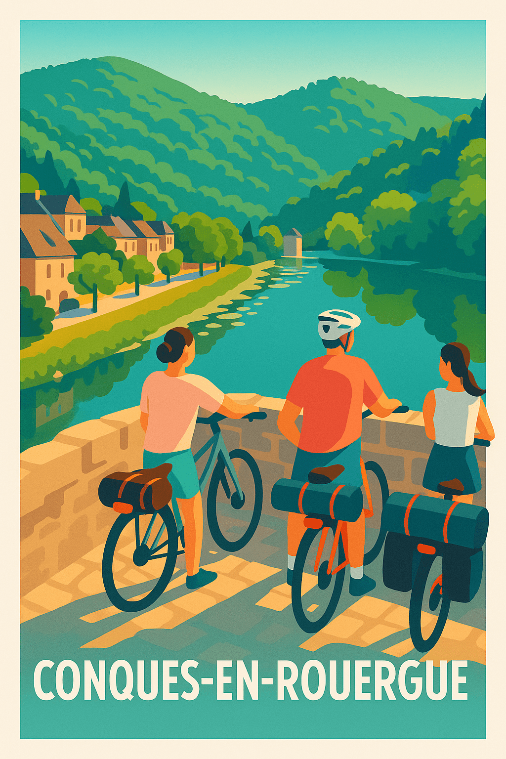 Affiche Conques-en-Rouergue — La nature à vélo au cœur de l'Aveyron · poster d'art de Conques-en-Rouergue