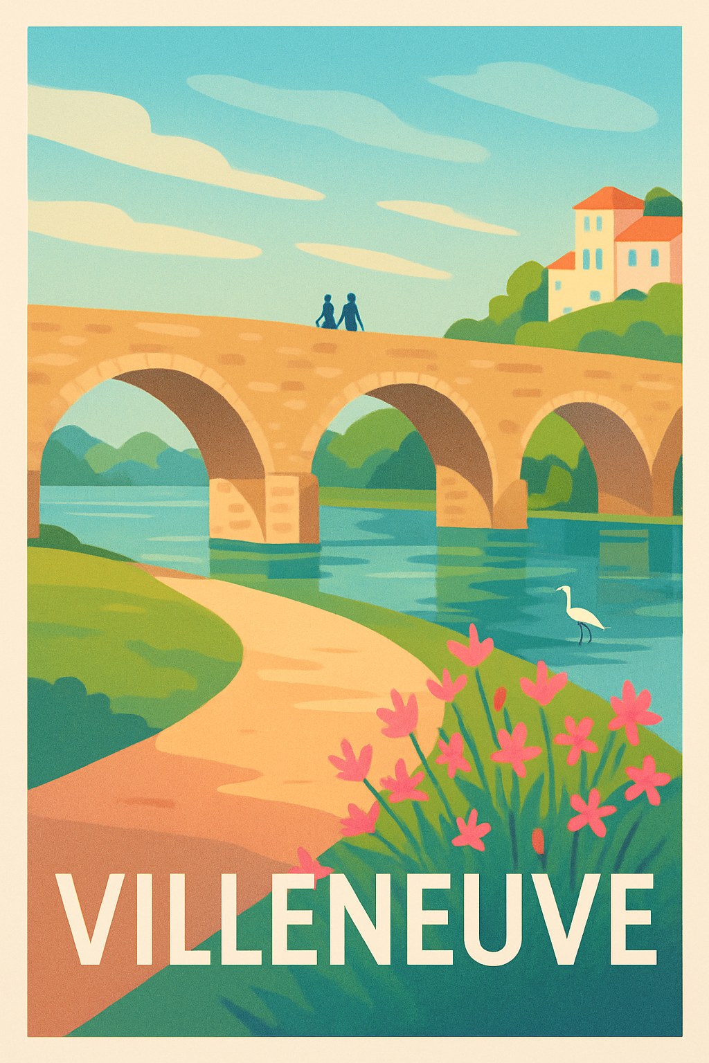 Aveyron France Pas de Cadre / 20 × 30cm Affiche de Villeneuve - Charme bucolique au fil de l'eau