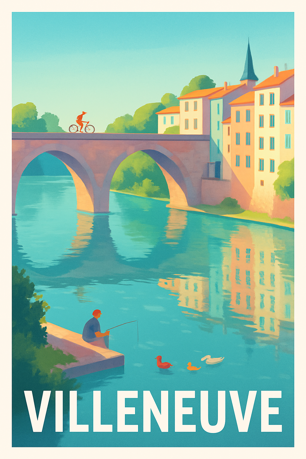 Aveyron France Pas de Cadre / 20 × 30cm Affiche de Villeneuve - L'Harmonie paisible au fil de l'eau