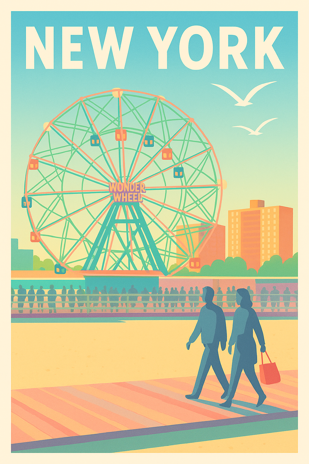 Affiche de New York - Panorama vintage de la Wonder Wheel