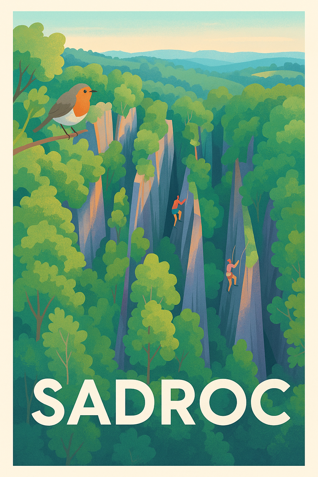 Affiche Sadroc — Aventure et nature au cœur des falaises · poster d'art de Sadroc