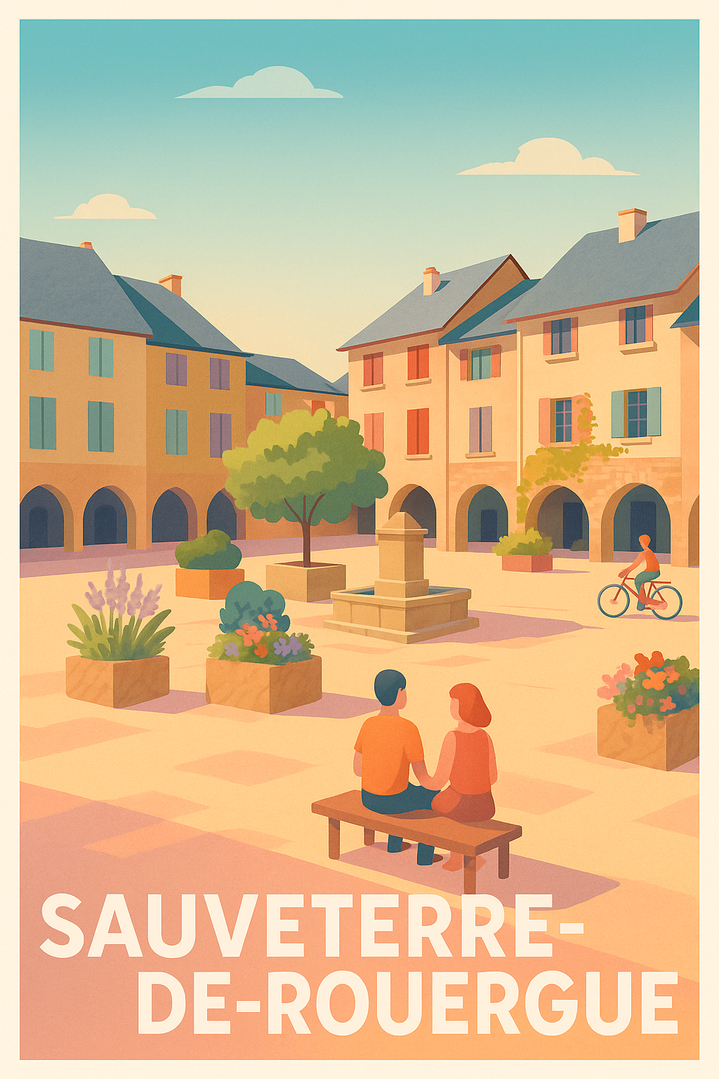 Affiche Sauveterre-de-Rouergue — Charme et douceur en midi rouge · poster d'art de Sauveterre-de-Rouergue