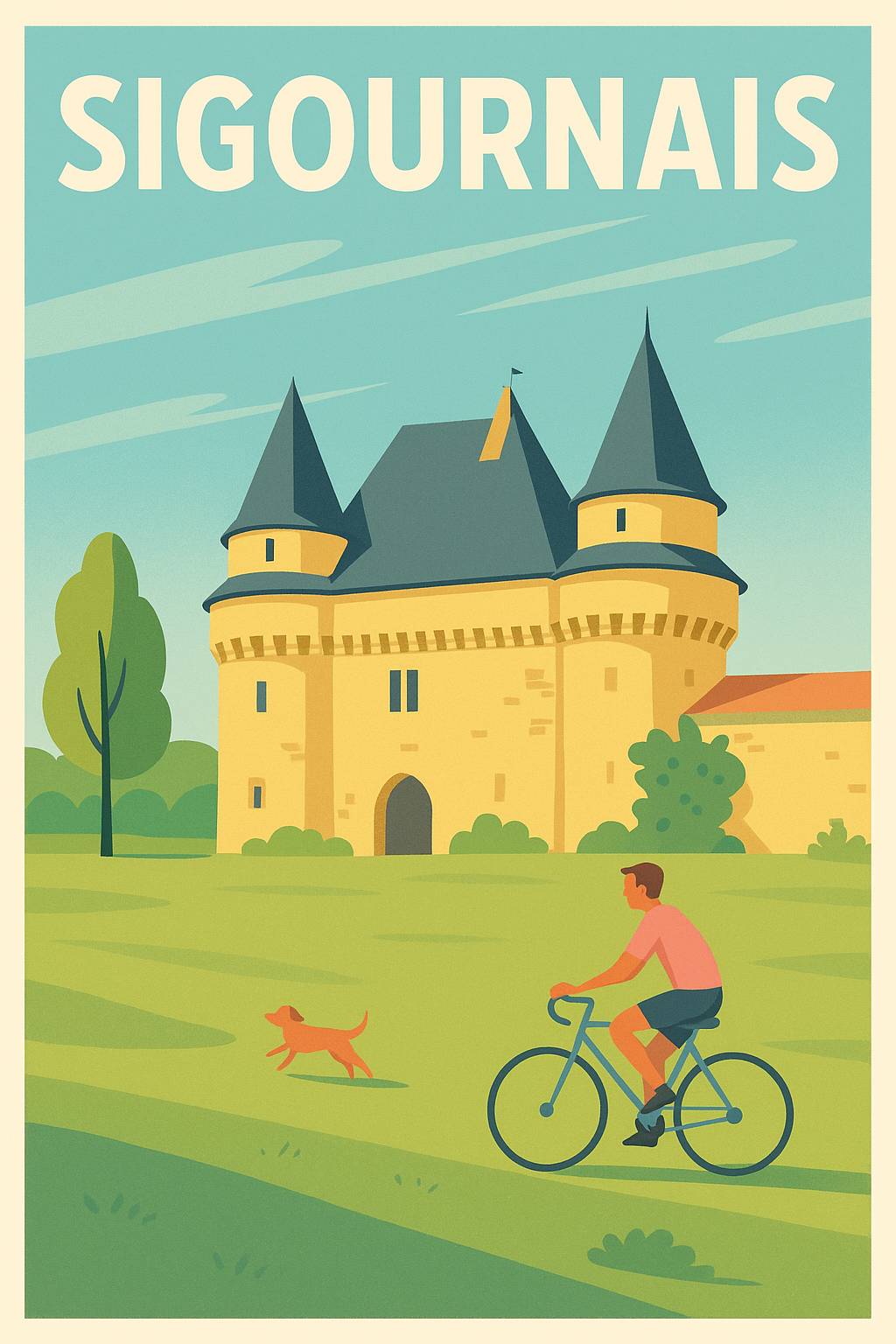 Affiche de Sigournais - L'élégance à vélo dans un cadre historique