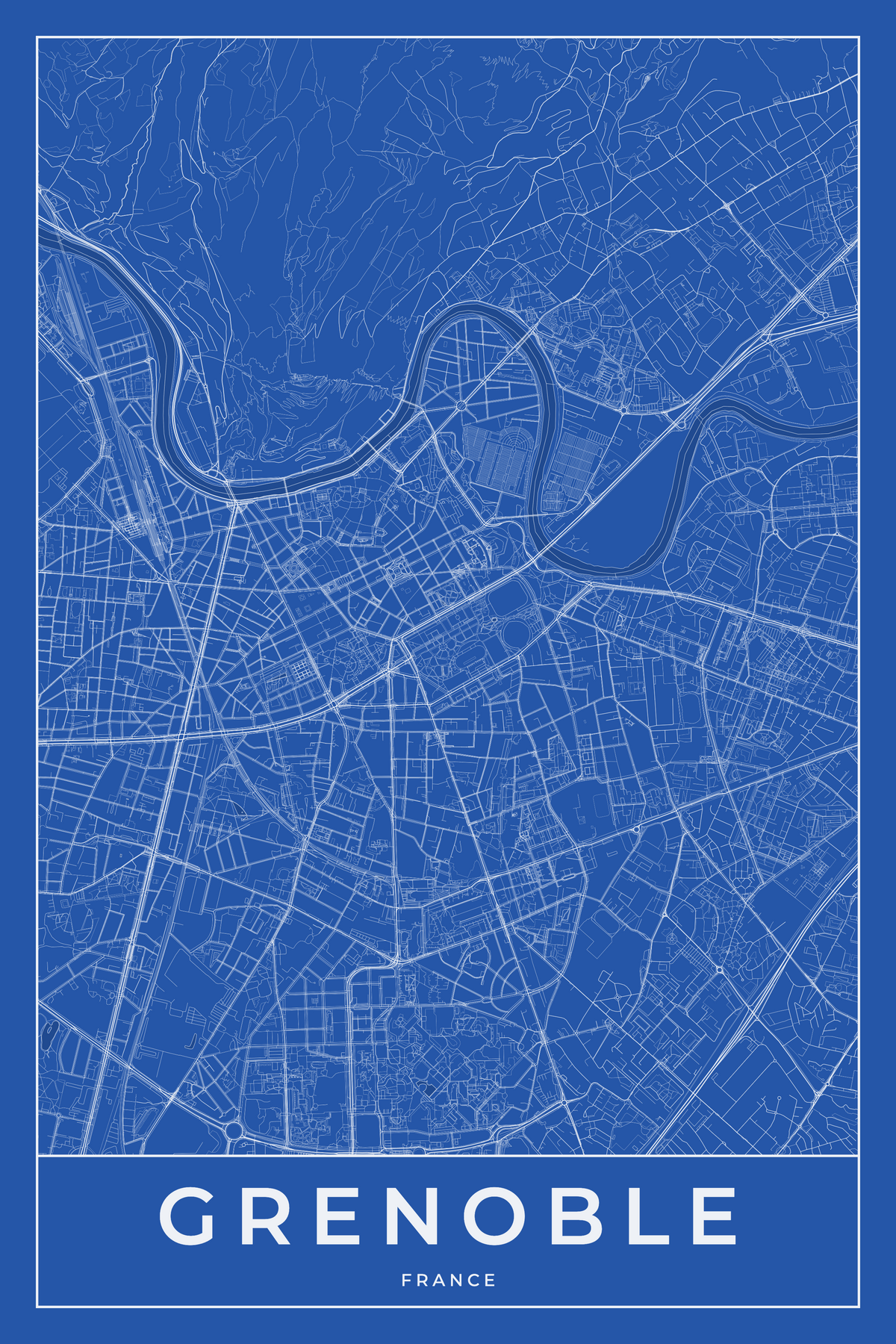 Carte de Grenoble bleue - Affiche personnalisée