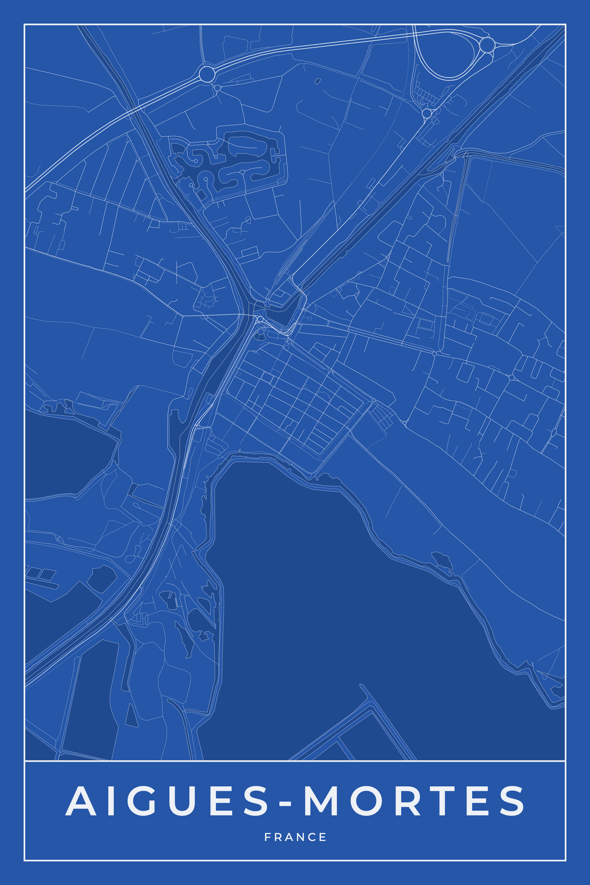 Carte d'Aigues-Mortes bleue - Affiche personnalisée