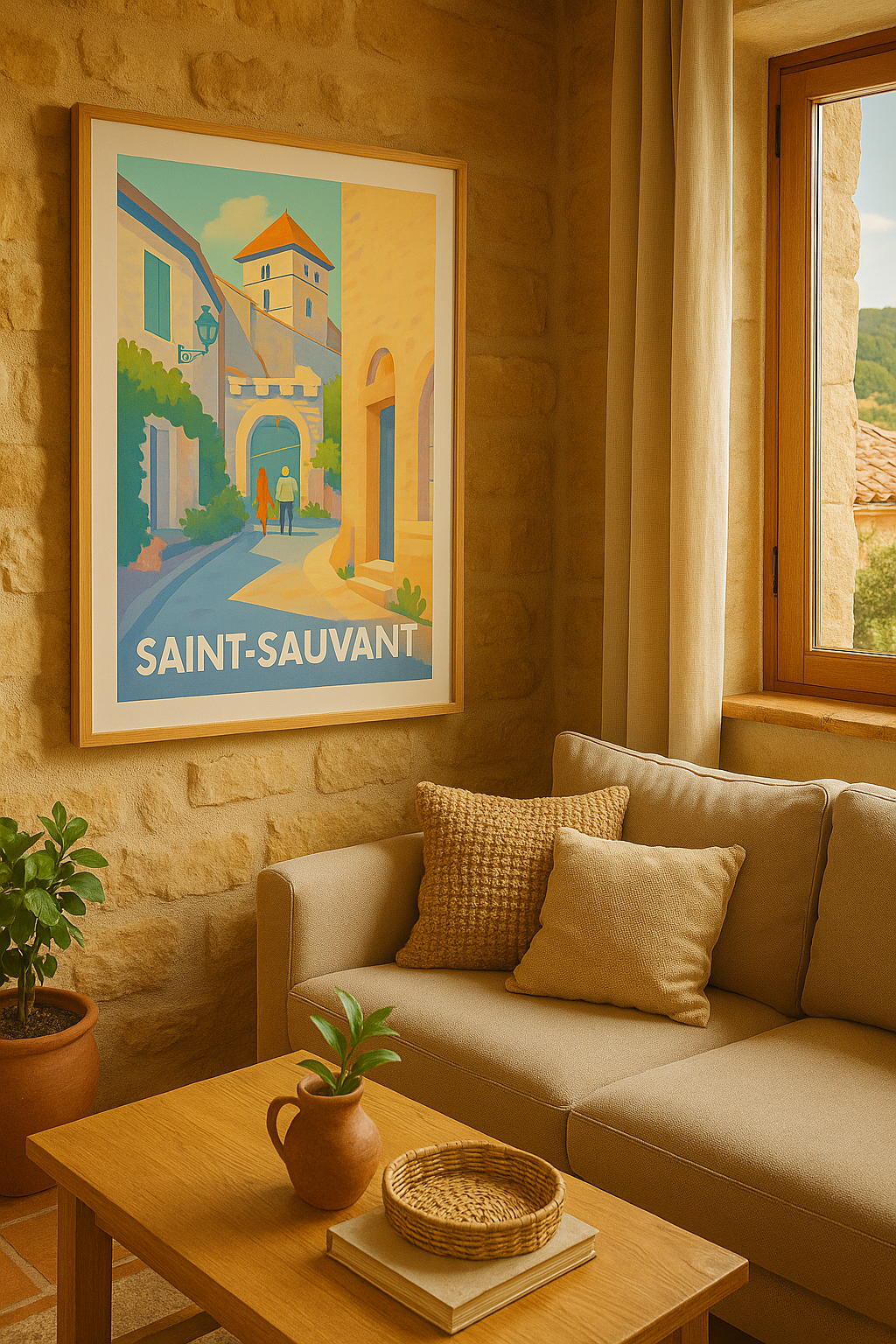 Affiche Saint-Sauvant — Promenade en douceur au cœur du village · poster d'art de Saint-Sauvant