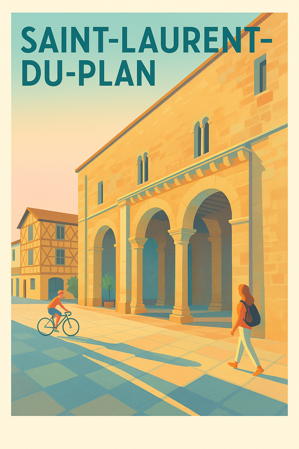 Affiche Saint-Laurent-du-Plan — L'architecture ensoleillée au cœur du village · poster d'art de Saint-Laurent-du-Plan