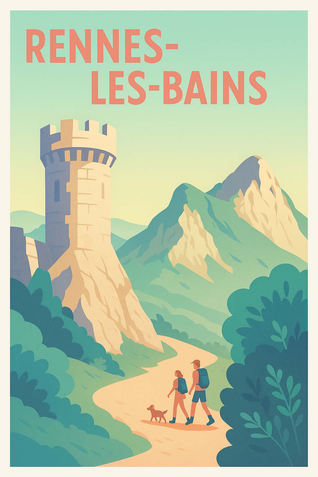 Affiche Rennes-les-Bains — Aventure et nature au cœur des montagnes · poster d'art de Rennes-les-Bains