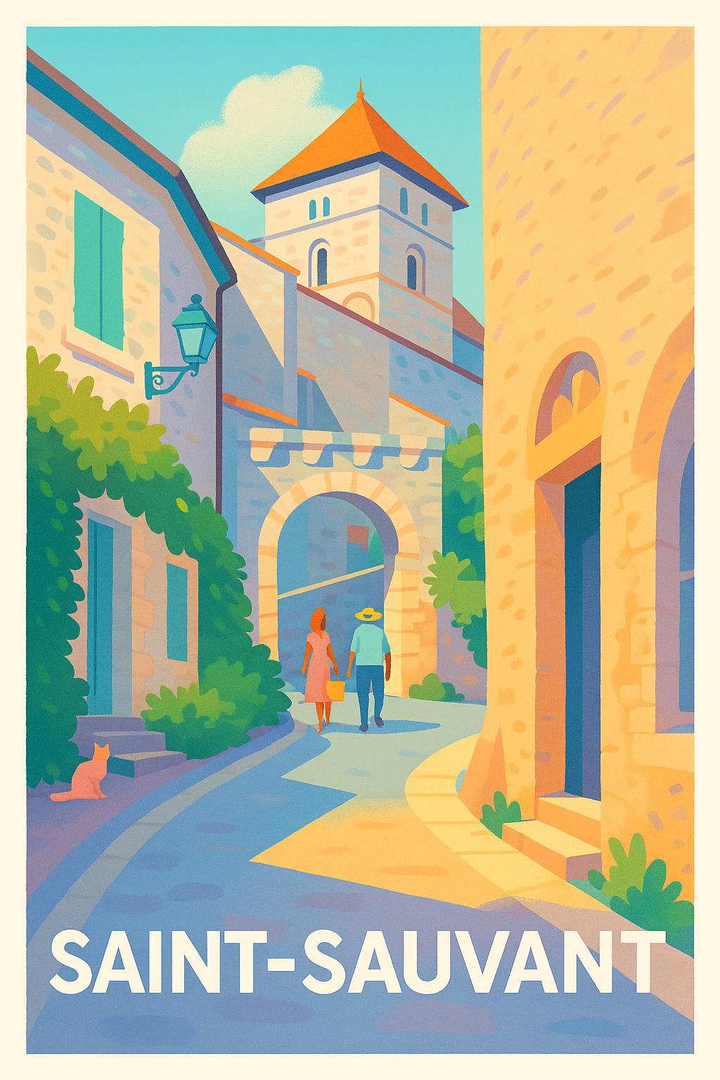 Affiche Saint-Sauvant — Promenade en douceur au cœur du village · poster d'art de Saint-Sauvant