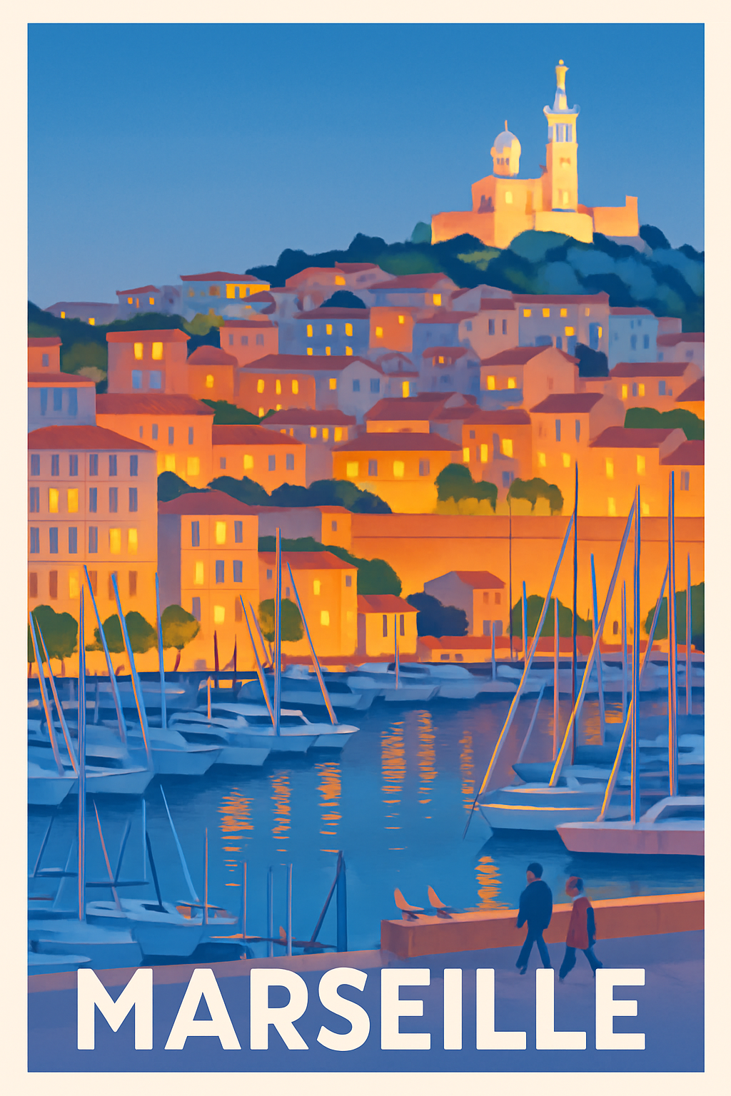 Bouches-du-Rhône France Pas de Cadre / 20 × 30cm Affiche de Marseille - Lumières du Vieux-Port au crépuscule