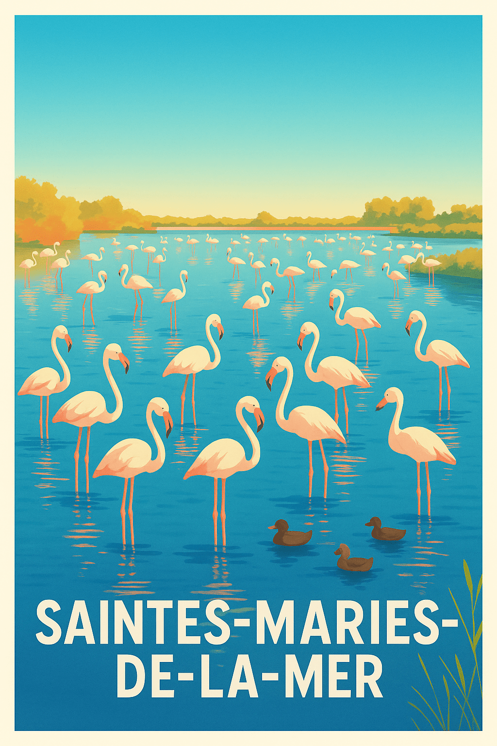 Affiche Saintes-Maries-de-la-Mer — Escapade nature entre flamants roses · poster d'art de Saintes-Maries-de-la-Mer