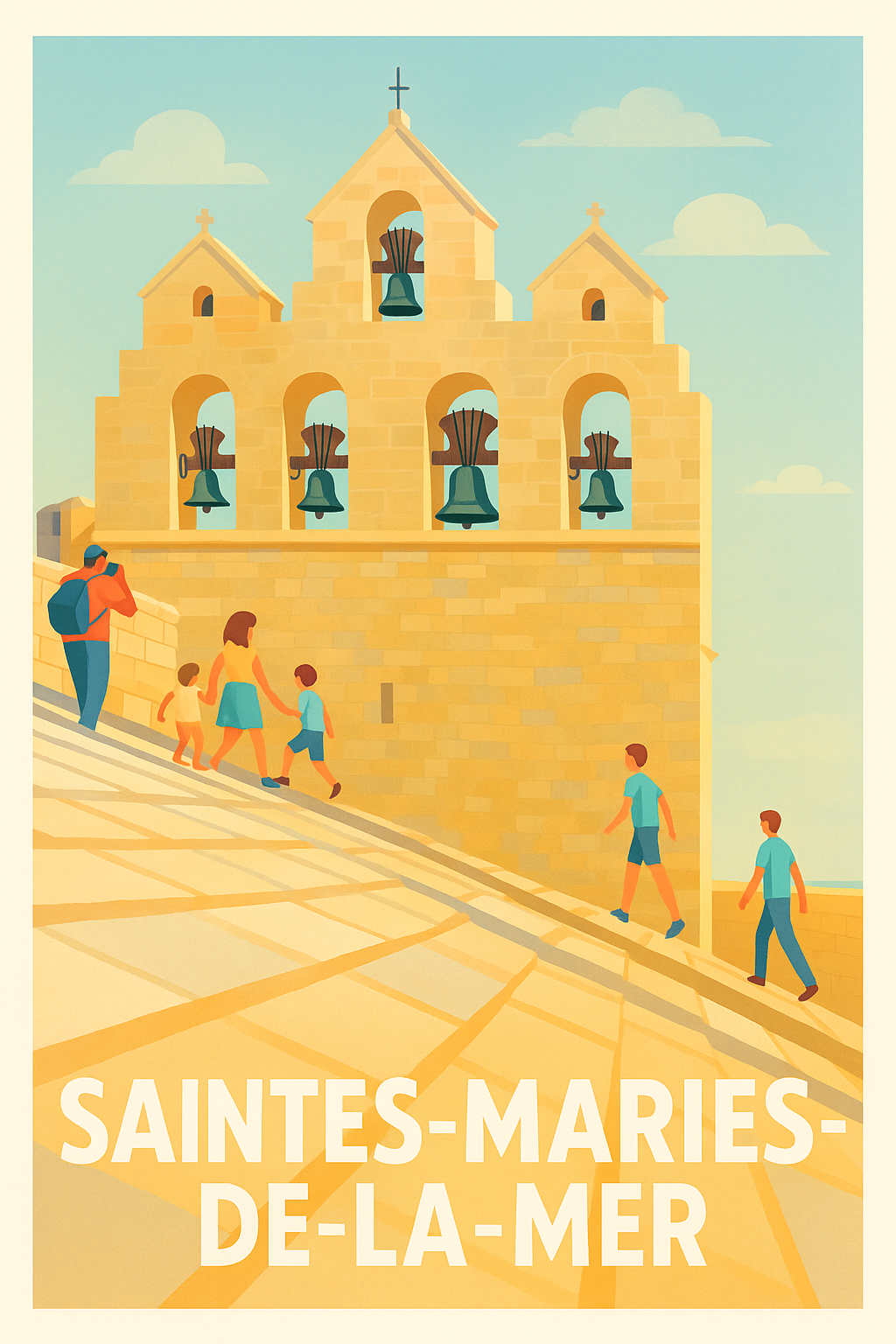 Affiche Saintes-Maries-de-la-Mer — Lumières et cloches emblématiques · poster d'art de Saintes-Maries-de-la-Mer