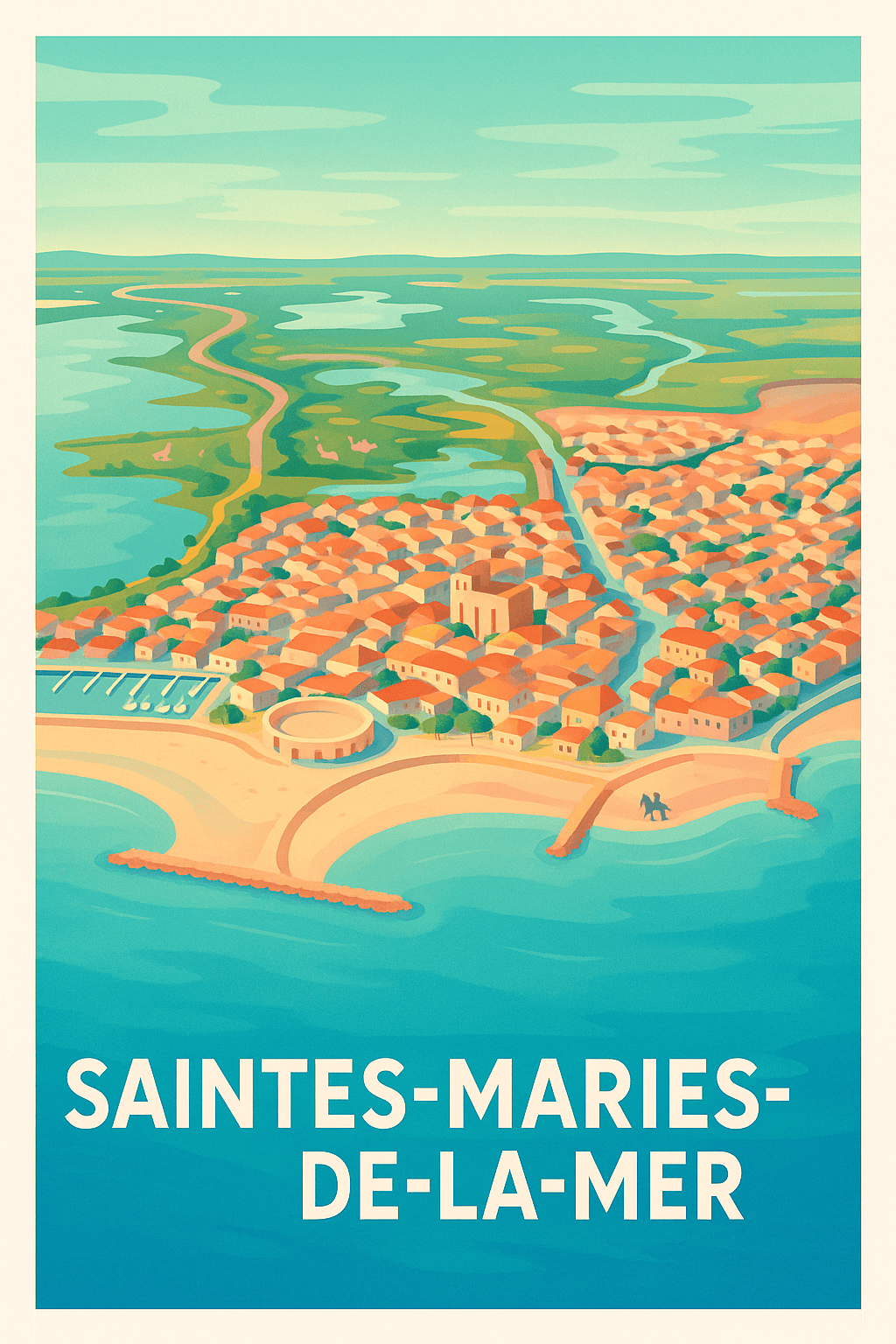 Bouches-du-Rhône France Pas de Cadre / 20 × 30cm Affiche de Saintes-Maries-de-la-Mer - Vue panoramique ensoleillée