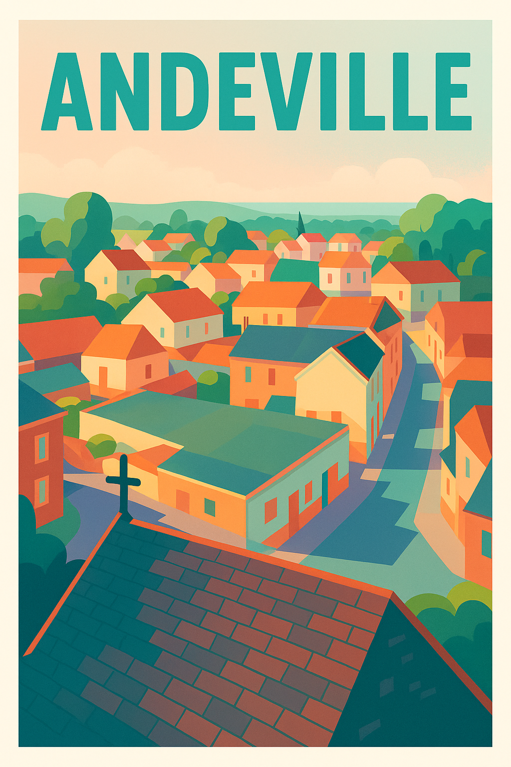 Affiche de Andeville - Vue paisible sur le village coloré