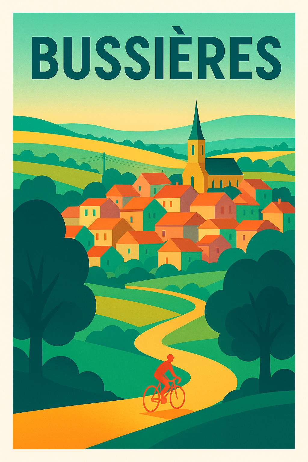 Affiche de Bussières - Le charme paisible de la campagne à vélo