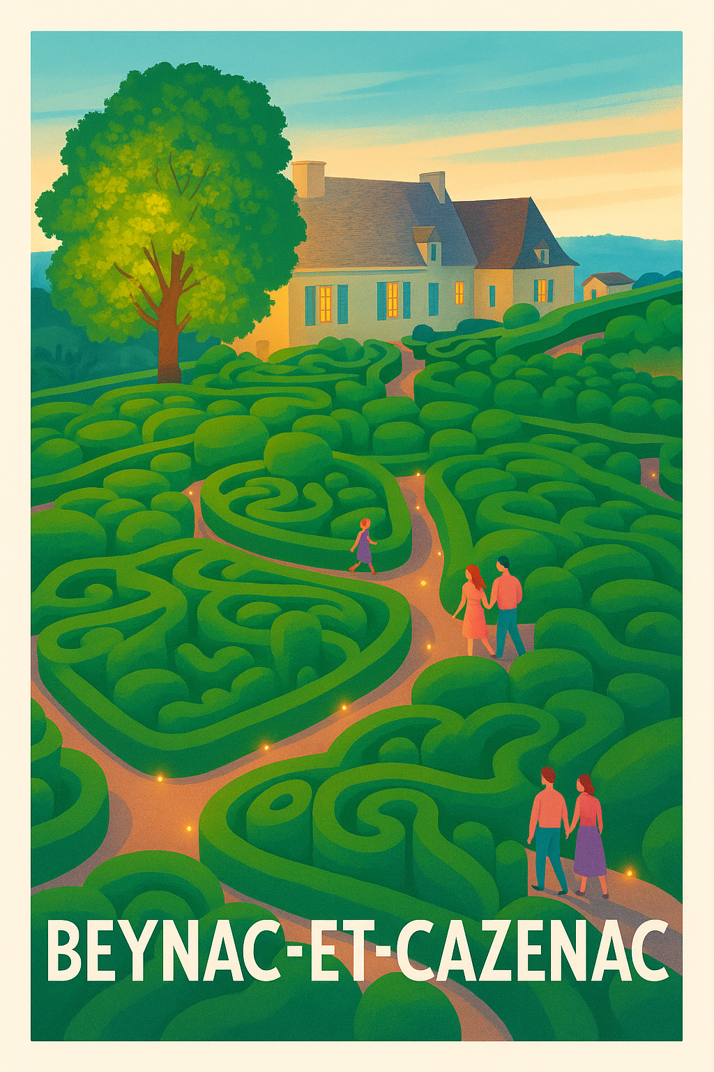Affiche Beynac-et-Cazenac — Flânerie dans le jardin des merveilles · poster d'art de Beynac-et-Cazenac