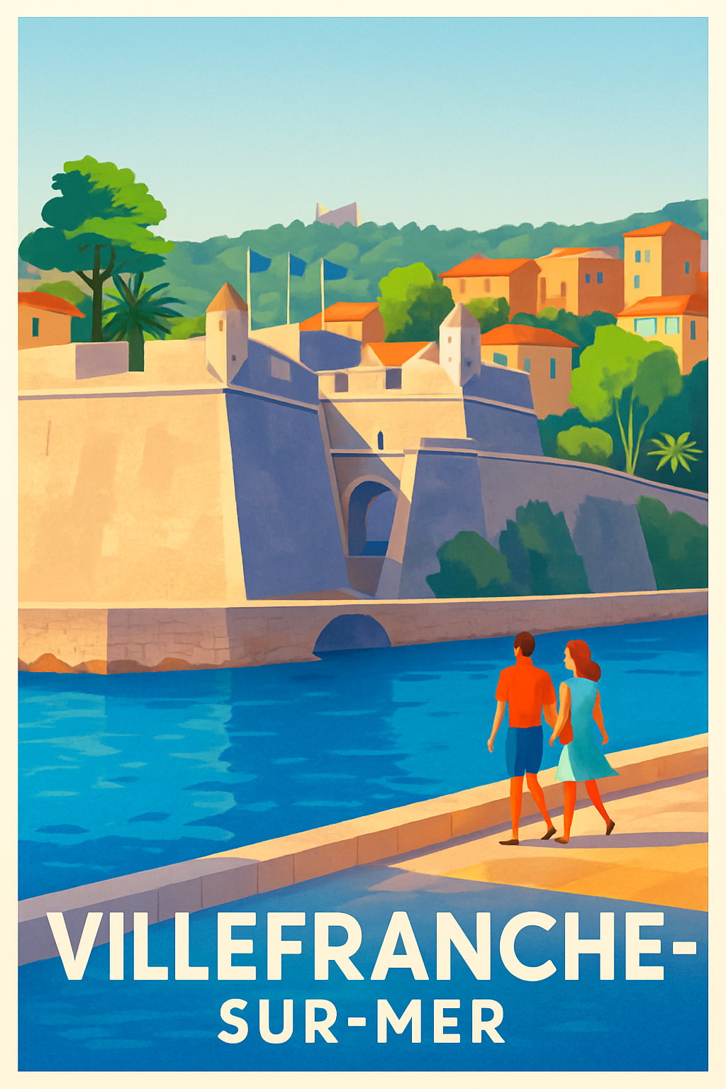 Affiche de Villefranche-sur-Mer - Promenade au bord de l'eau en Côte d'Azur