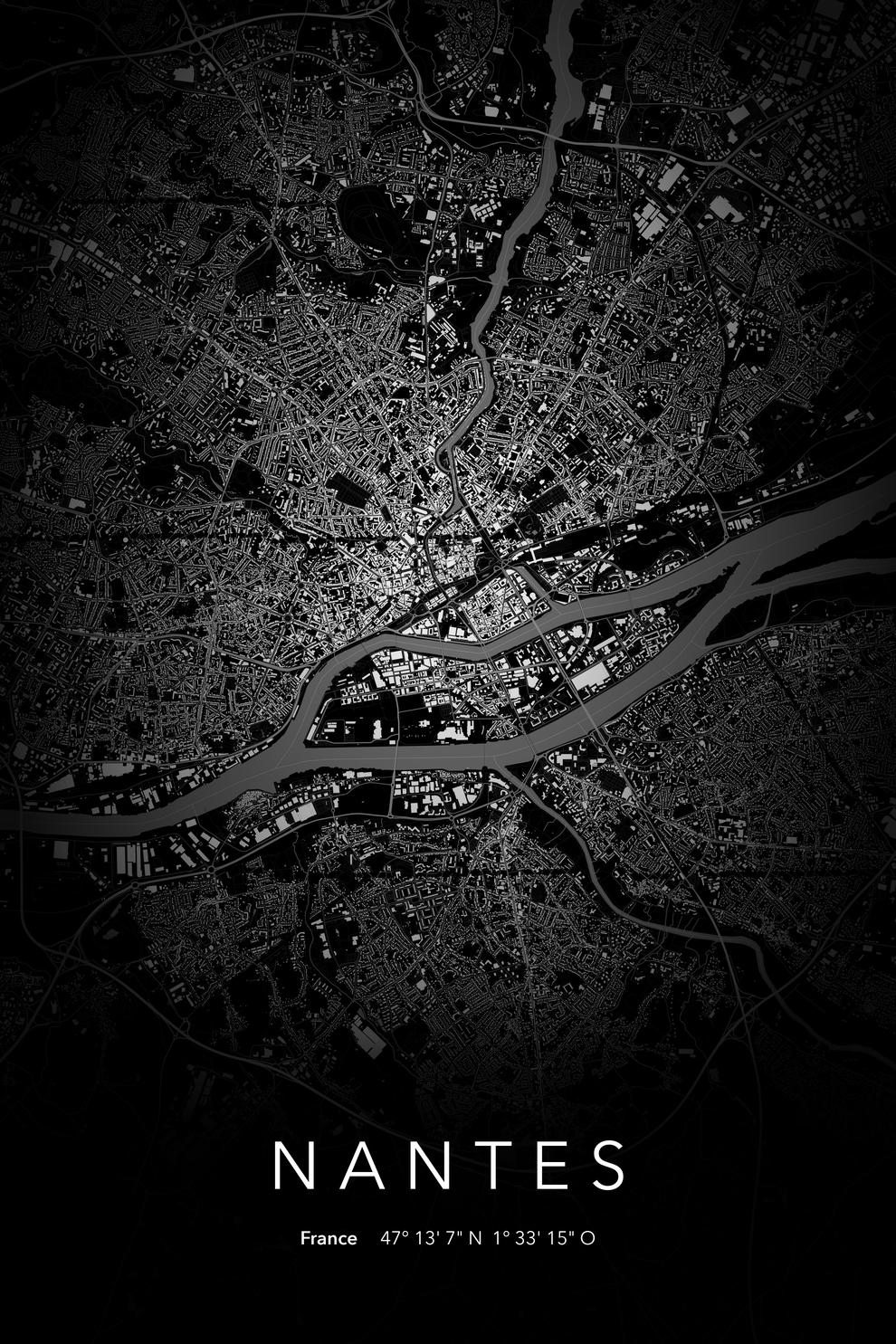 Carte de Nantes nuit - Affiche personnalisée