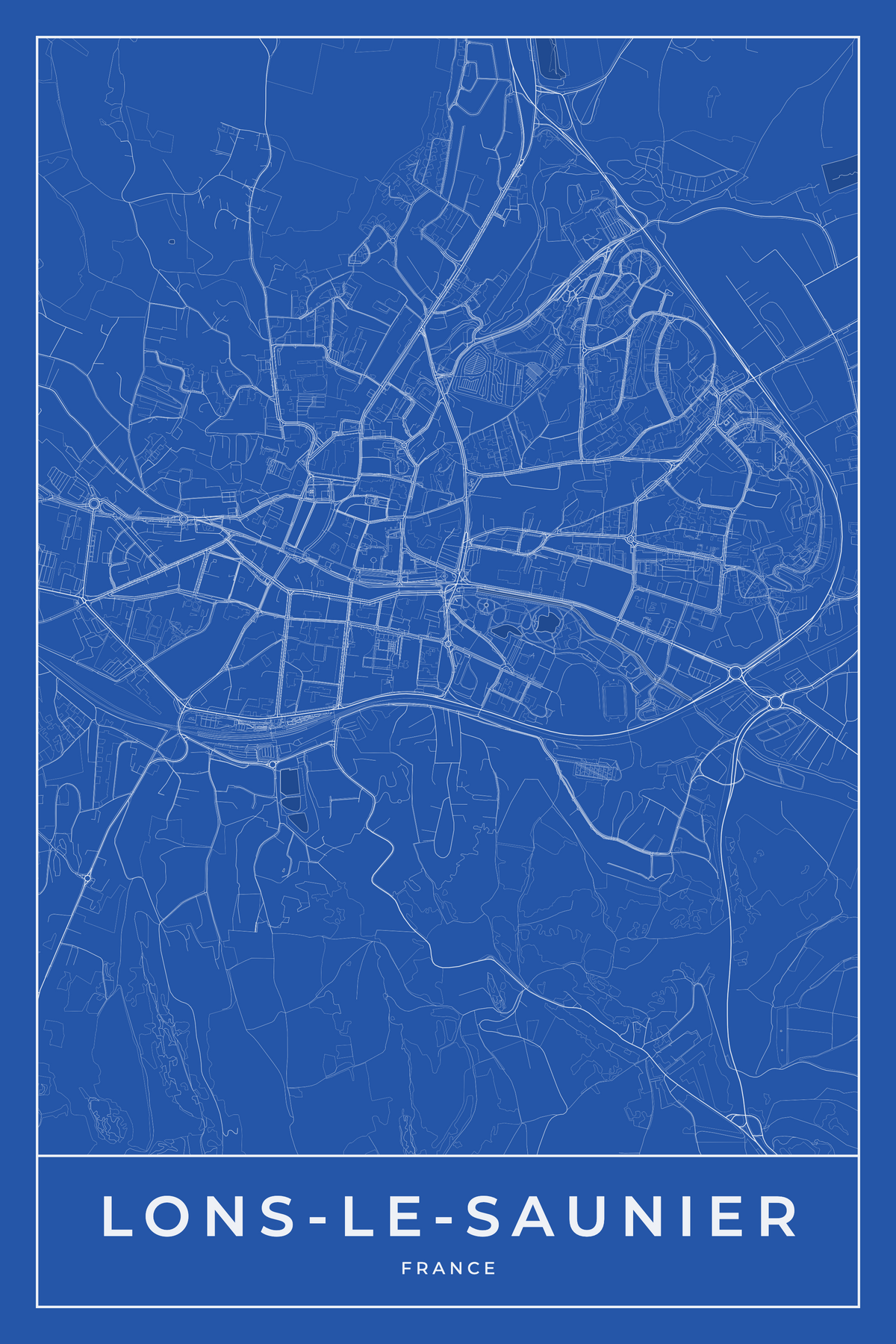 Carte de Lons-le-Saunier bleue - Affiche personnalisée