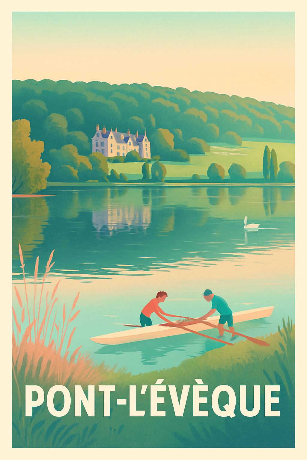 Affiche Pont-l'Évêque — Tranquillité au fil de l'eau · poster d'art de Pont-l'Évêque