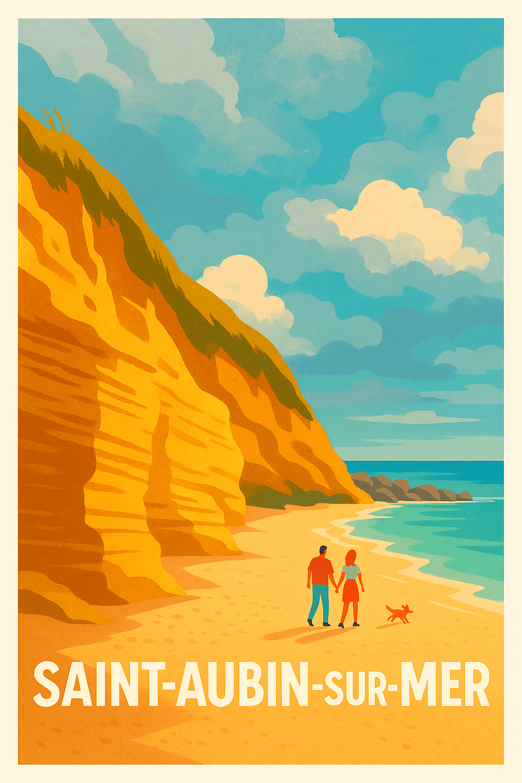 Calvados France Pas de Cadre / 20 × 30cm Affiche de Saint-Aubin-sur-Mer - Échappée belle au bord de la falaise