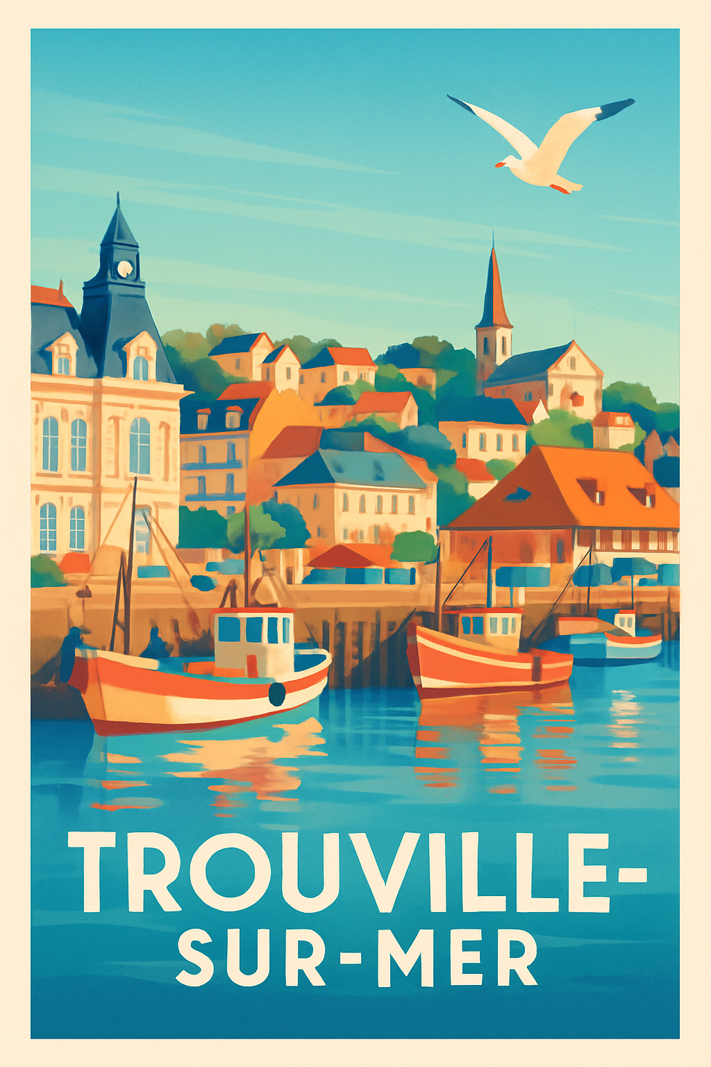 Calvados France Pas de Cadre / 20 × 30cm Affiche de Trouville-sur-Mer - Charme et sérénité du port normand