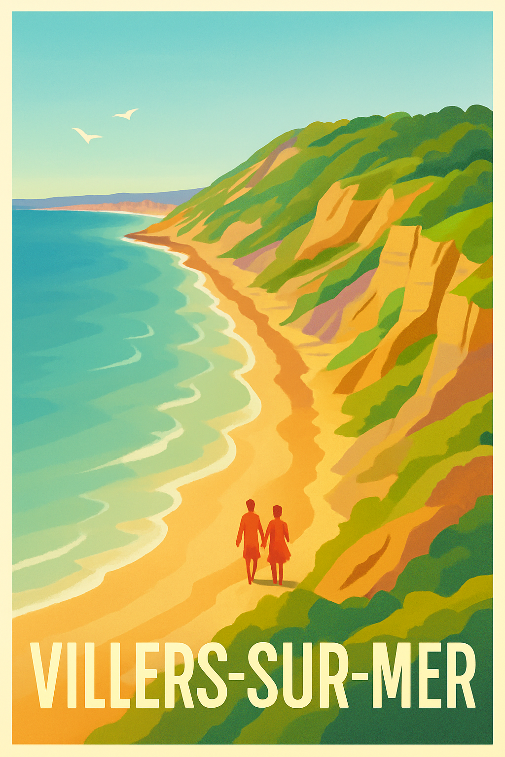 Calvados France Pas de Cadre / 20 × 30cm Affiche de Villers-sur-Mer - Promenade romantique au bord de la falaise