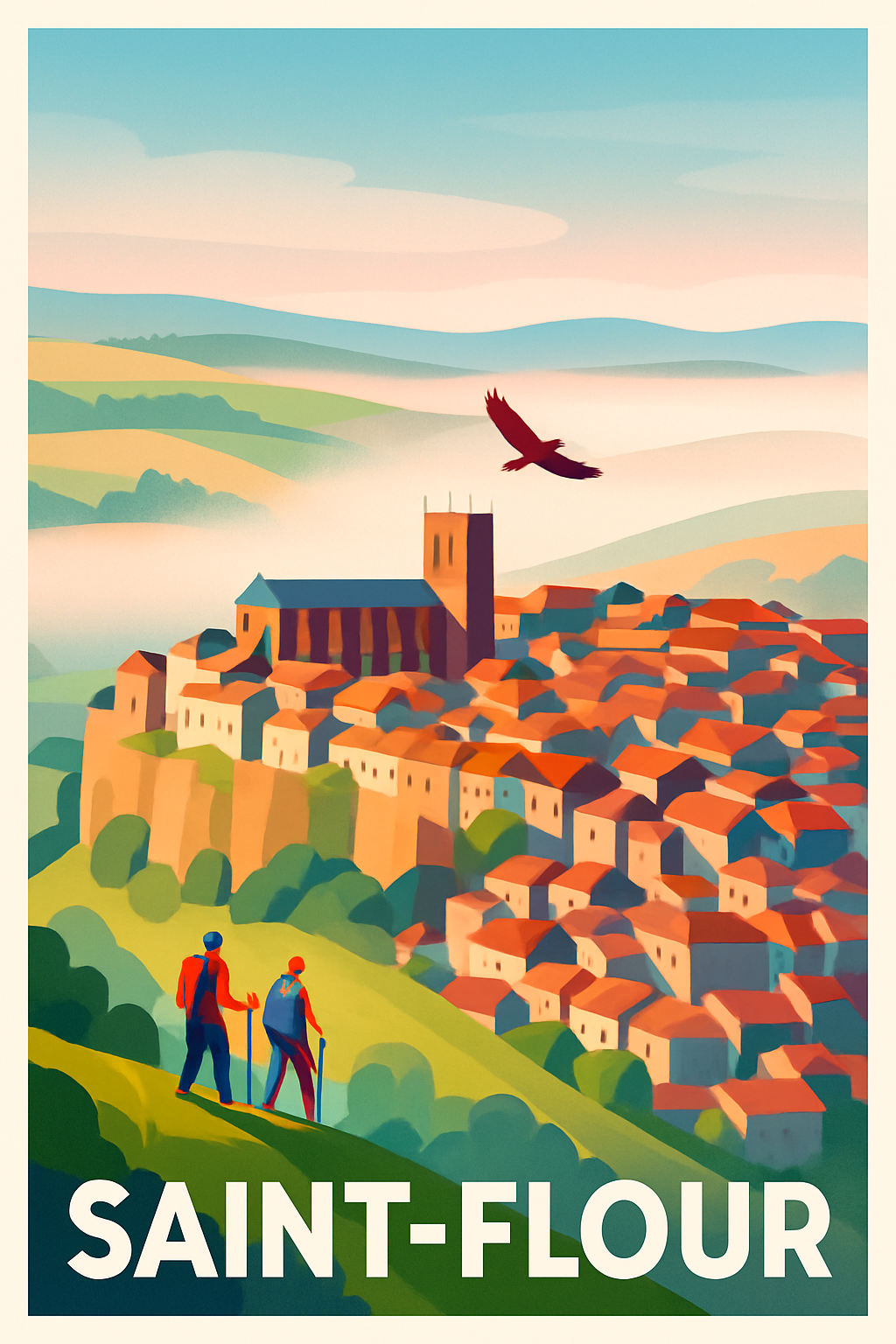 Cantal France Pas de Cadre / 20 × 30cm Affiche de Saint-Flour - Panorama authentique au cœur de l'Auvergne