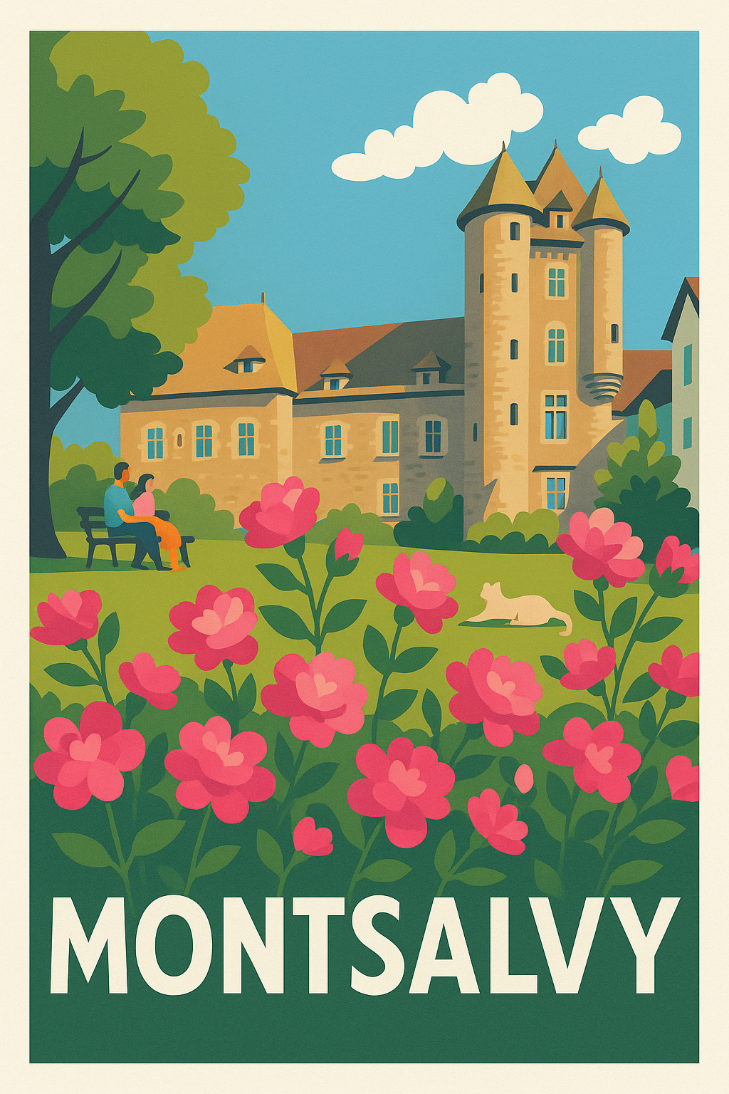 Affiche Montsalvy — Charme et sérénité entre fleurs et patrimoine · poster d'art de Montsalvy