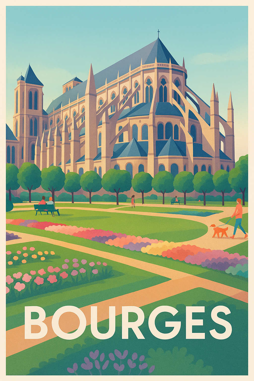 Cher France Pas de Cadre / 20 × 30cm Affiche de Bourges - Élégance gothique et jardins fleuris