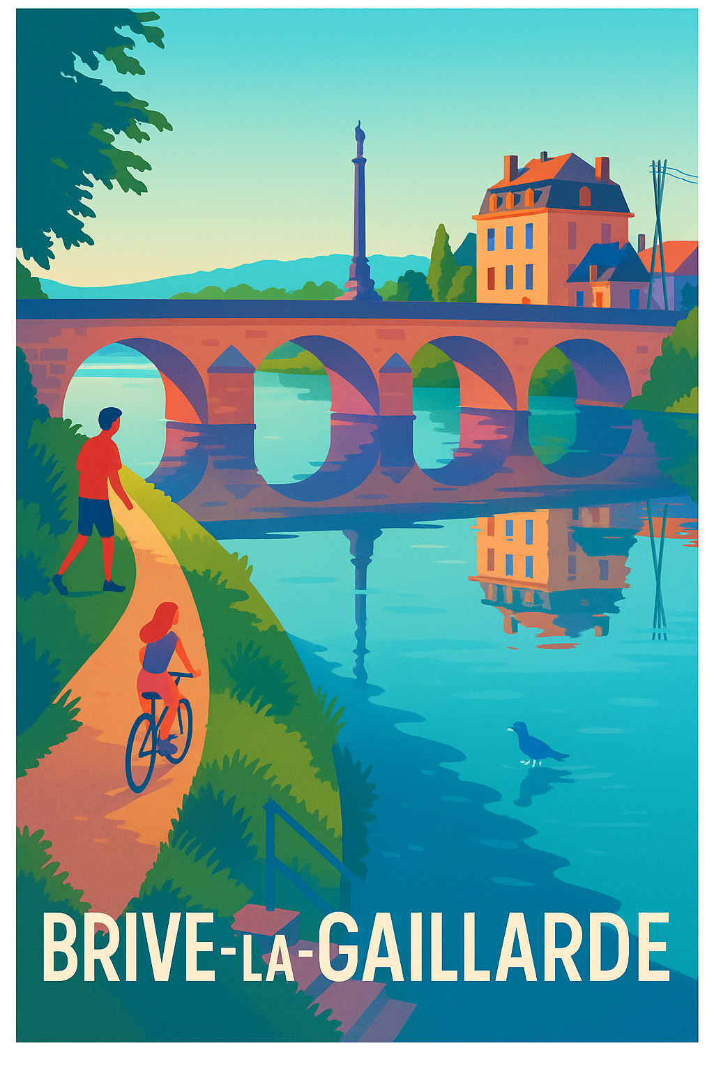 Corrèze France Pas de Cadre / 20 × 30cm Affiche Brive-la-Gaillarde - Promenade paisible au bord de la rivière