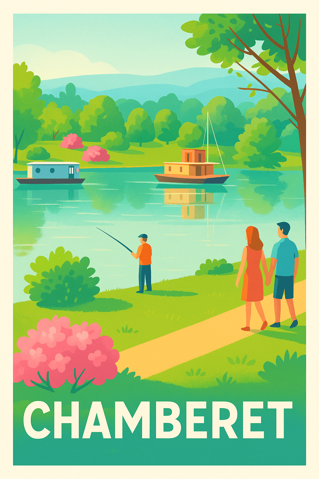 Corrèze France Pas de Cadre / 20 × 30cm Affiche de Chamberet - Une escapade bucolique au bord de l'eau