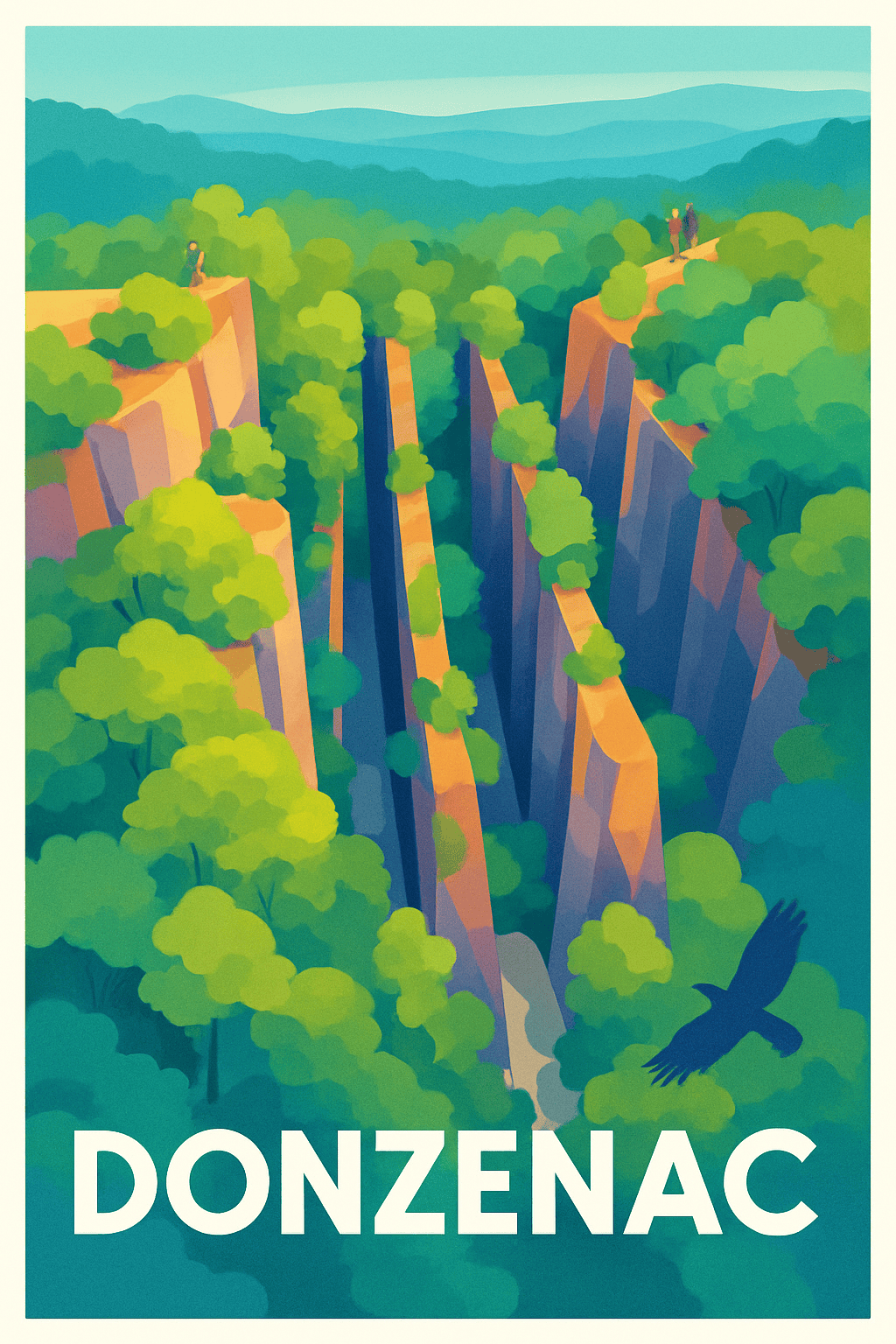 Corrèze France Pas de Cadre / 20 × 30cm Affiche de Donzenac - L'émerveillement des falaises verdoyantes