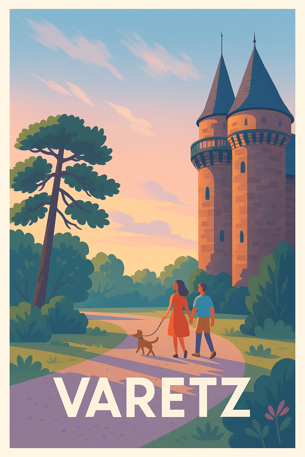 Corrèze France Pas de Cadre / 20 × 30cm Affiche de Varetz - Promenade au Château au crépuscule