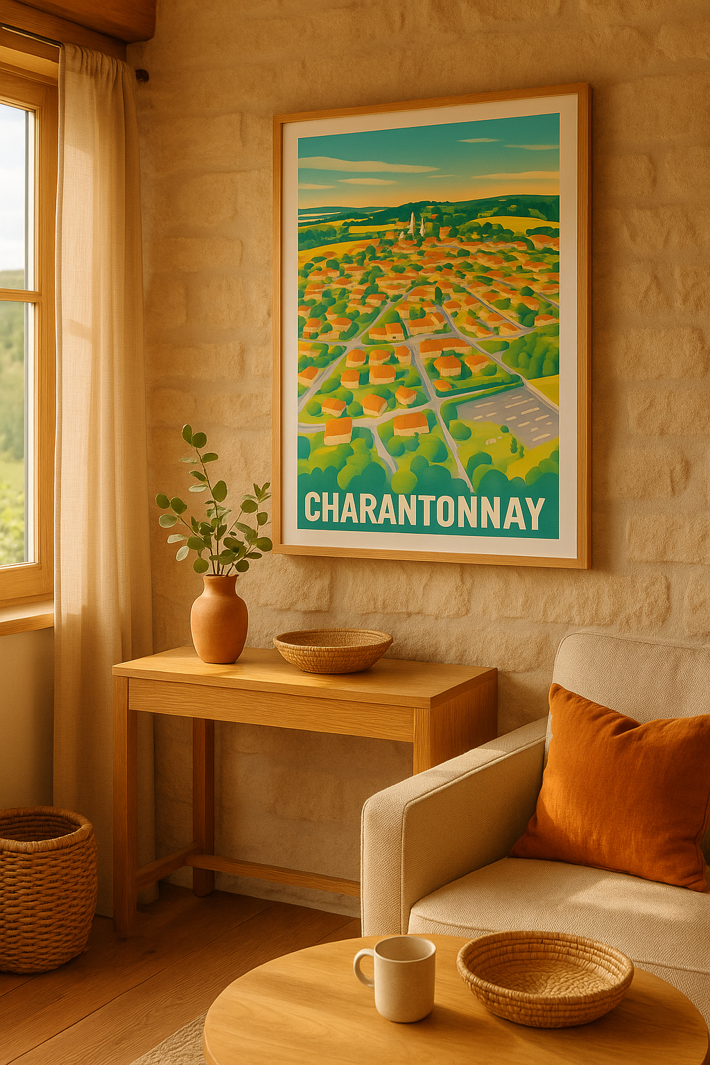 Mise en situation Affiche Charantonnay - Vue colorée d’un village pittoresque