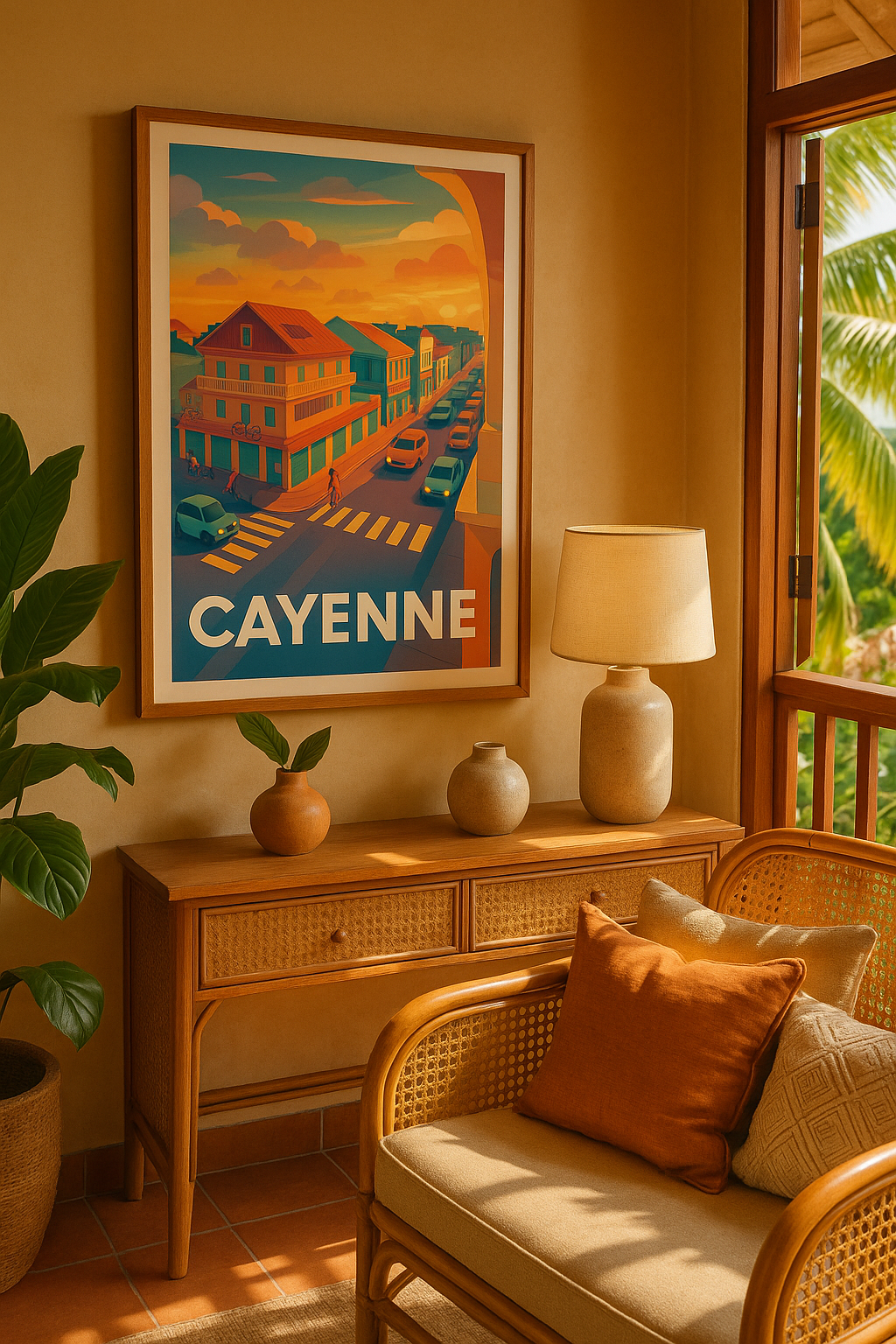 Mise en situation Affiche Cayenne - Lumières chaudes et vie urbaine au crépuscule