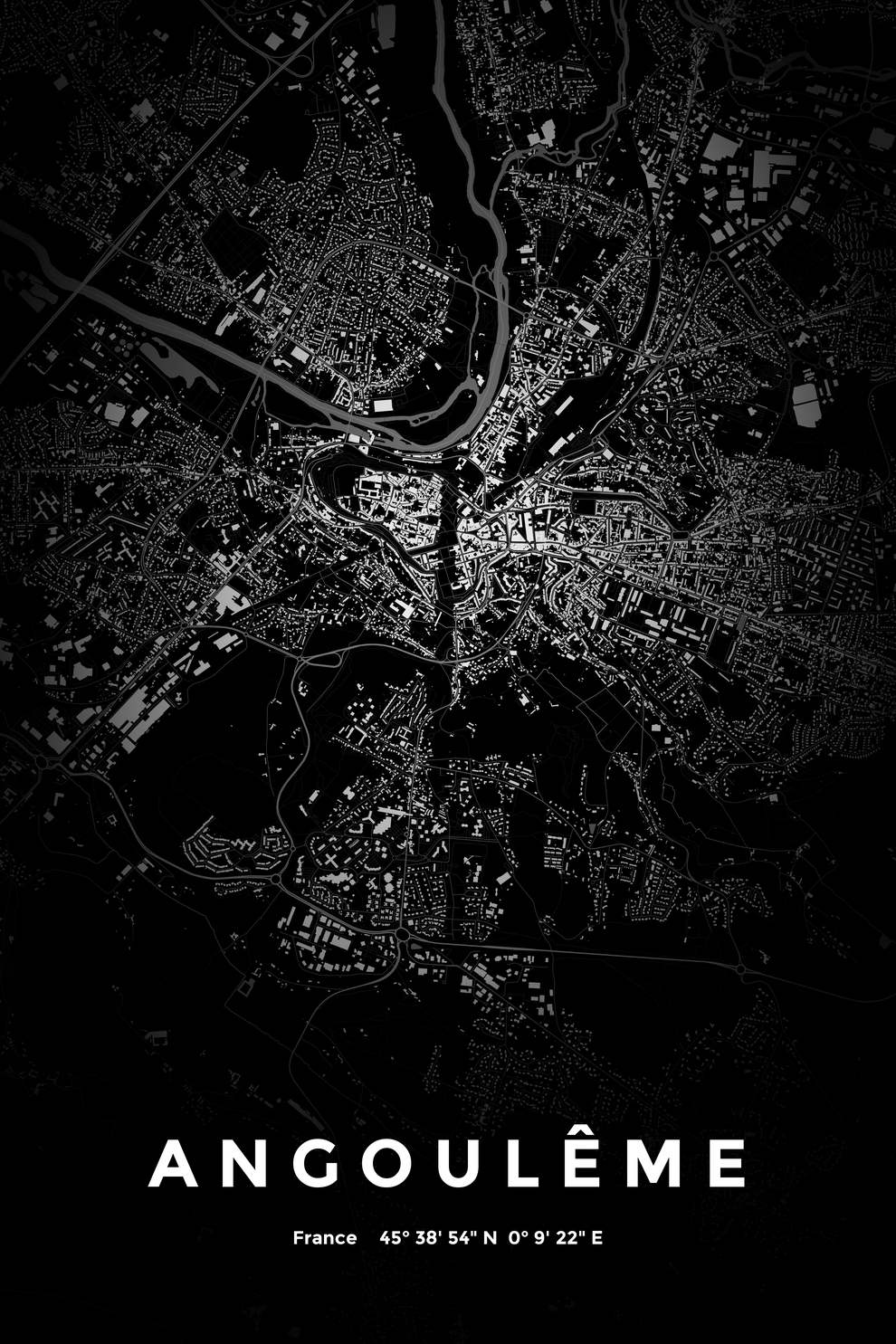 Carte d'Angoulême nuit - Affiche personnalisée