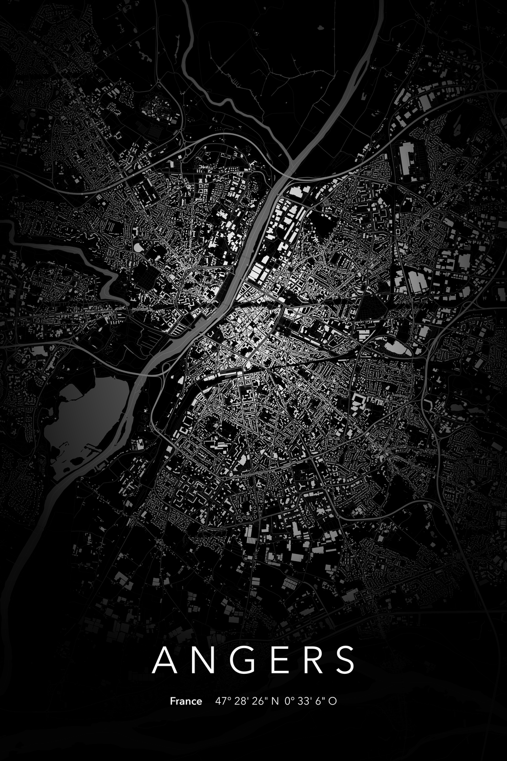Carte d'Angers nuit - Affiche personnalisée
