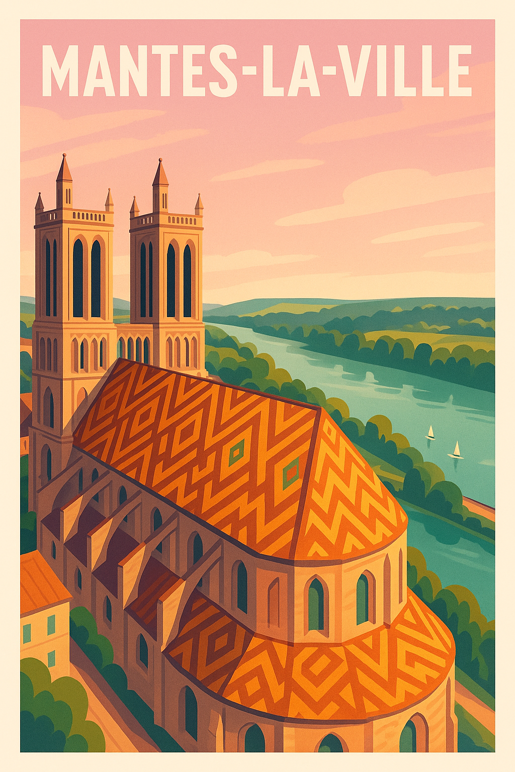 Affiche Mantes-la-Ville — Charme et patrimoine en bord de Seine · poster d'art de Mantes-la-Ville