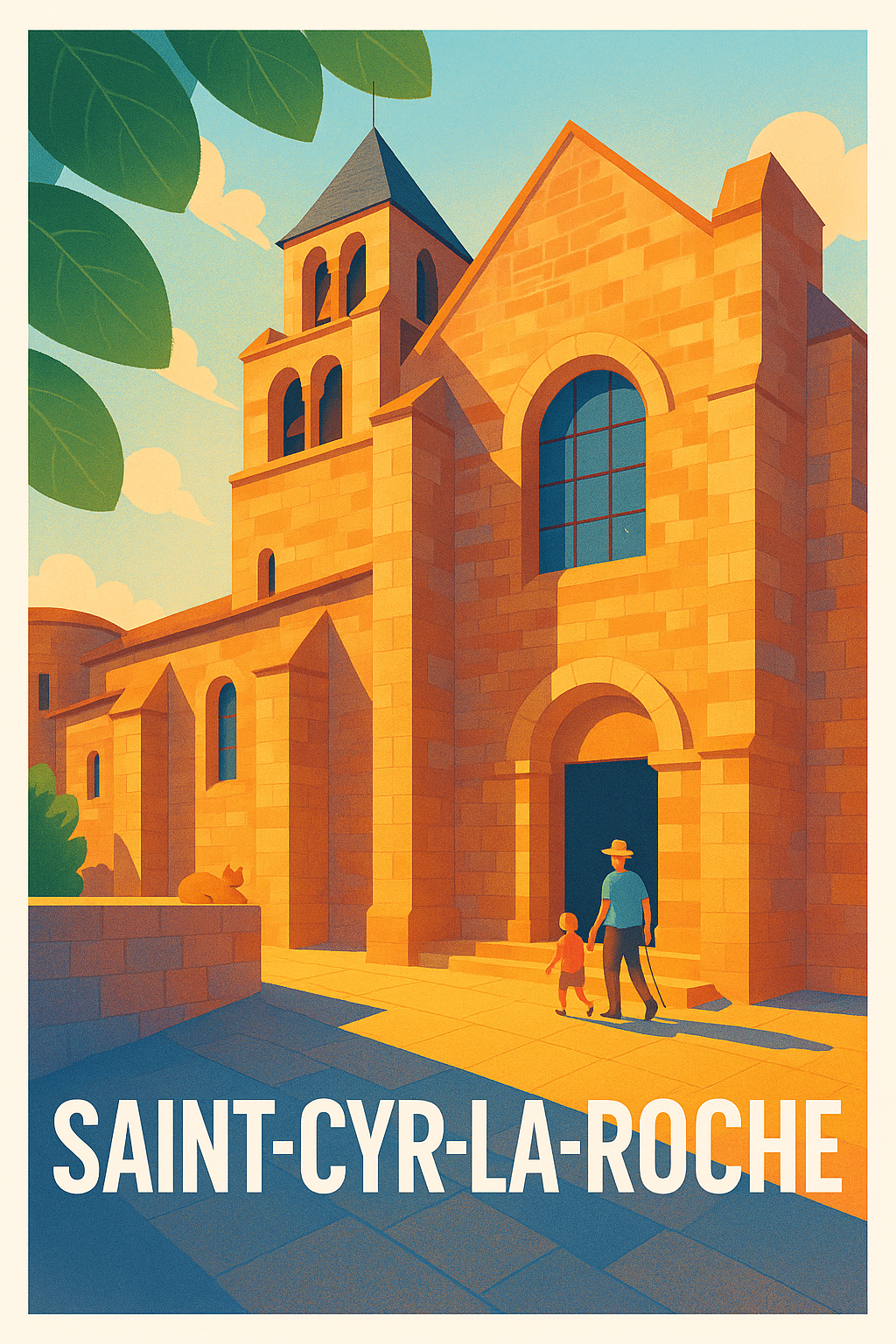 Affiche Saint-Cyr-la-Roche — Lumières dorées sur l'église historique · poster d'art de Saint-Cyr-la-Roche