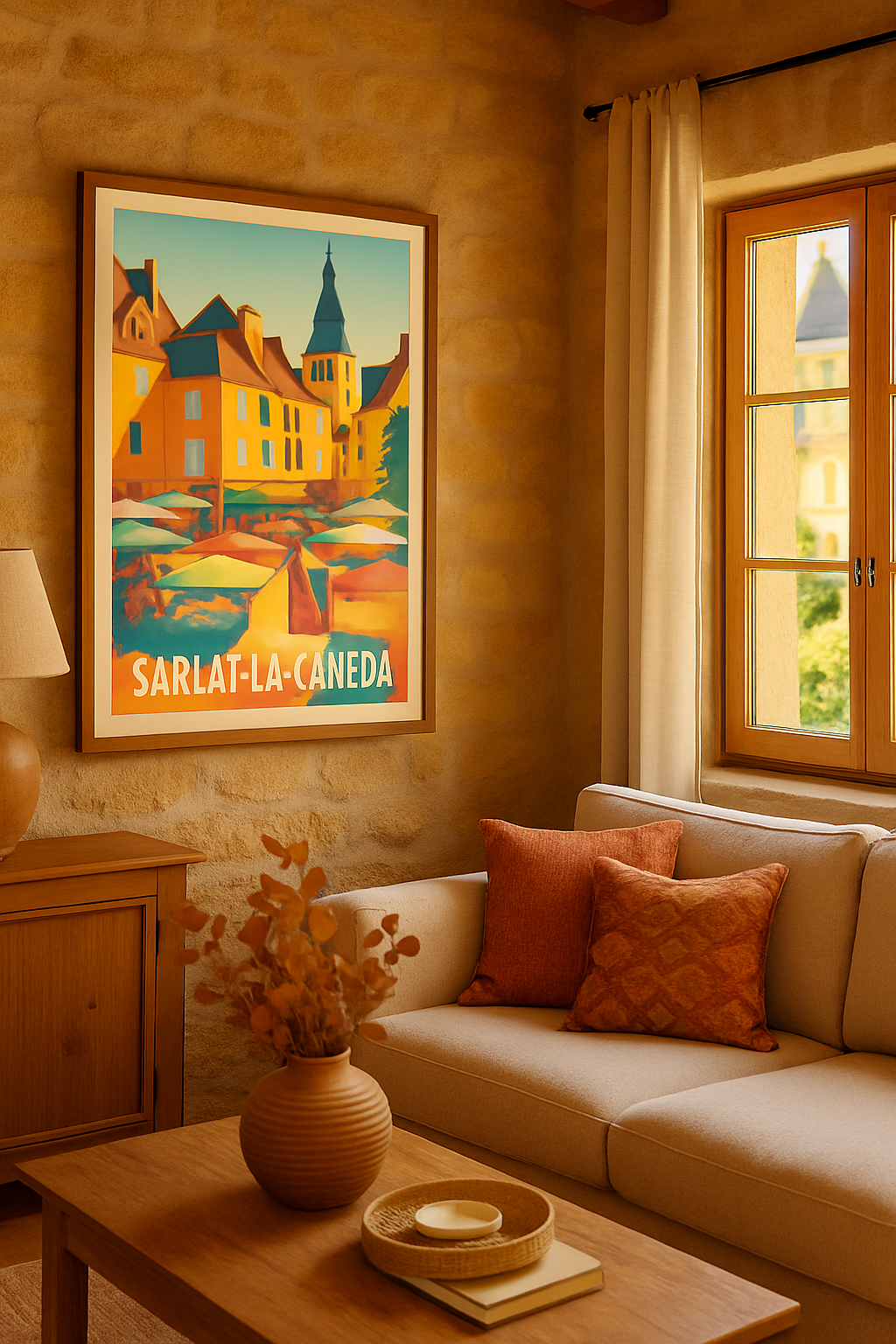 Affiche Sarlat-la-Canéda — Charme et couleurs du marché médiéval · poster d'art de Sarlat-la-Canéda
